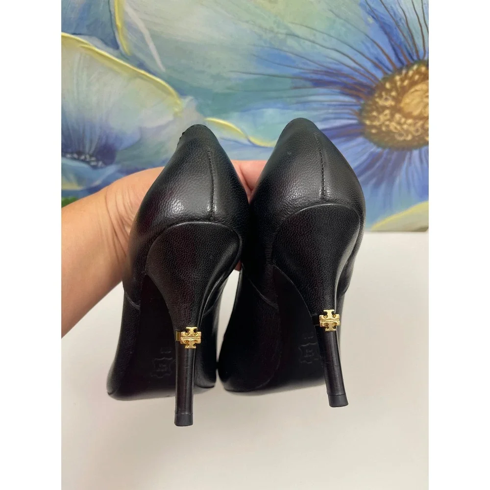 Tory Burch Black Leather Pointed Cap Toe Pumps Gold Logo Stiletto Heels 8